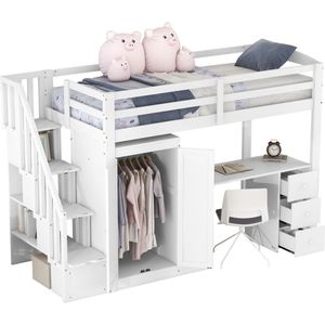 Merax Hoogslaper 90x200 cm - Bed met Bureau en Kast - Kinderbed met Opbergruimte - Wit