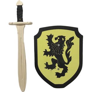 Houten struikrover zwaard met ridderschild geel met leeuw kinderzwaard houten zwaard schild