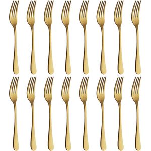 16-delige vorkenset, gouden roestvrijstalen vorkenset, 8,07 inch vorken, spiegelgepolijst, zilverwerkvorken voor elke locatie, vaatwasmachinebestendig