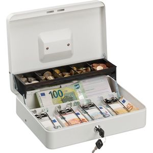 Relaxdays geldkistje met slot - metaal - geldkluis - geldcassette - 2 sleutels - vakken - wit