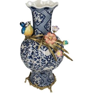 Cactula vaas met vogel en bloemen blauw wit fijn aardewerk 26 x 38 cm