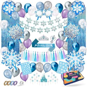 Fissaly 77 Stuks Frozen Thema Verjaardag Decoratie Feest Versiering – Feestpakket met ballonnen, taart decoratie, slingers, vlaggenlijn - Kinderfeestje Meisje