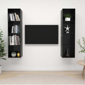The Living Store Televisiewandmeubelset - Hoogglans Zwart - 37 x 37 x 142.5 cm (B x D x H) - Spaanplaat - Montage vereist - 2 x TV-meubel