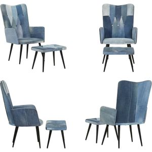 vidaXL Fauteuil met voetensteun patchwork canvas blauw denim - Fauteuil Met Voetenbank - Fauteuils Met Voetenbanken - Zetel Met Voetenbankje - Relaxstoel