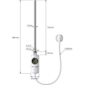 Elektrische badkamerradiator met verwarmingselement 1200W 750x1200 mm wit recht met zijaansluiting LuxeBath