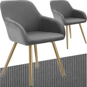 tectake® Stoel - Gestoffeerde woonkamerstoel met cordlook/ribstof - Designstoel, loungestoel - Draagvermogen tot 120kg - Set van 2 - Div kleuren - grijs/goud