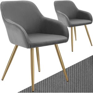 tectake® Stoel - Gestoffeerde woonkamerstoel met cordlook/ribstof - Designstoel, loungestoel - Draagvermogen tot 120kg - Set van 2 - Div kleuren - grijs/goud