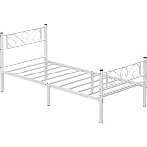 Bedframe 90 x 190 - Eenpersoonsbedden - Bedframe metaal - Bed - Met lattenbodem - Voor volwassenen en tieners - 90 x 190 cm - Metaal - Wit