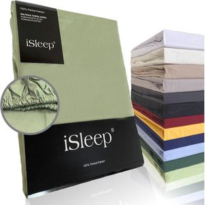 iSleep Perkal Hoeslaken - 100% Perkal Katoen - Hoge Hoek - Rondom Elastiek - Litsjumeaux - 180x210 cm - Licht Groen