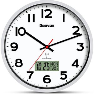 Geevon DCF wandklok zonder tikkende geluiden, 12 inch radiogestuurde klok met temperatuurweergave wandklokken, klokken, digitale wandklok, woonkamer klok, wand keukenklok, wandklok seiko stil