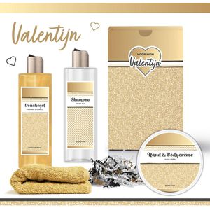 Geschenkset “Voor mijn Valentijn!” - 4 producten - 700 gram | Giftset voor haar - Luxe wellness cadeaubox - Cadeau vrouw - Set Valentijnsdag - Geschenk - Cadeaupakket moeder - Vriendin - Zus - Goud