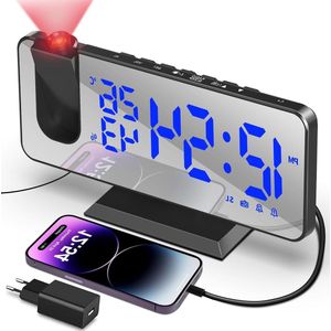 Projectiewekker met USB-Aansluiting en Dubbel Alarm - Digitale Wekker met Projectie - 12/24 uur LED-Display - 180° Projector - 4 Projectihelderheid