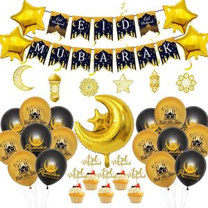 Ramadan Decoratie 2023, Eid Mubarak Decoratieset bevat Eid Mubarak ballon, ster maan, Eid Mubarak banner, taartdecoratie, Ramadan Mubarak decoratie voor islamitische moslimfeestjes