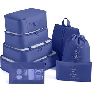8-delige koffer-organizerset, compressiepakzakken, waterdichte verpakkingskubussen voor reisorganizers, reisorganizerset voor vakantie en reizen, marineblauw