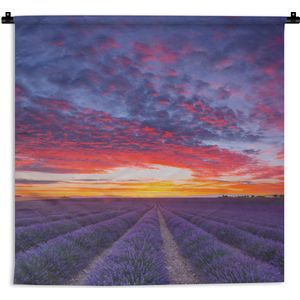 Wandkleed De lavendel - Lavendelveld onder zonsondergang Wandkleed katoen 60x60 cm - Wandtapijt met foto
