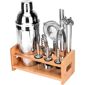 Cocktailshaker Set Lychee12 Stuks Houten Standaard Roestvrij Staal Cocktail Mixer voor Thuis en Bar - Barman Kit met 750ML - Cocktail Set