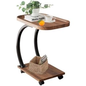 Bijzettafel C-vorm | Bijzettafel Bank met wieltjes | Kleine houten salontafel heeft notenhouten afwerking | Eenvoudig te monteren industrieel design | bijzettafel voor woonkamer slaapkamer