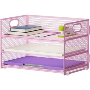 Bureau Organizer met Handgreep - 3 Lagen Documentenbak - Opbergruimte voor Desk Accessoires - Mesh Organizer voor Thuiswerk, Tijdschrift Houder - Paars