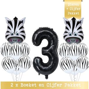 Snoes * Cijfer Ballon 3 Jaar Zebra Jungle Thema Ballon Boeketten Set van 15 Zebra Safari Verjaardag Folie en Latex ballonnen Hoera 3 Jaar Nummer Ballon