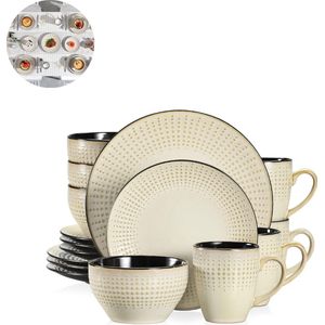 LBB Luxe Serviesset – 16 delig – 4 persoons – Porselein - Bordenset – Dinner platen – Dessertborden - Kommen - Mokken - Beige