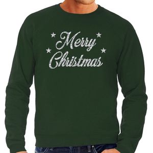 Foute Kersttrui / sweater - Merry Christmas - zilver / glitter - groen - heren - kerstkleding / kerst outfit S