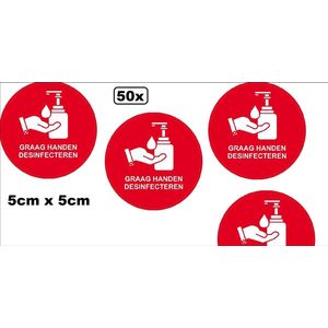 50x Corona sticker graag handen desinfecteren 5x5cm rood - Corona stickers raamsticker winkel raam muur COVID-19