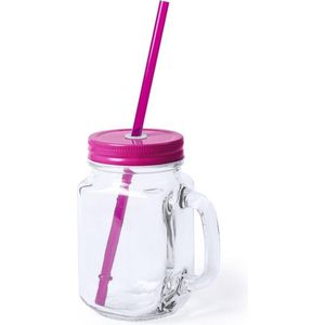 1x stuks Glazen Mason Jar drinkbekers roze dop en rietje 500 ml - afsluitbaar/niet lekken/fruit shakes