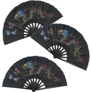 4x stuks handwaaiers/Tai Chi waaiers draak zwart - polyester - Verkoeling in de zomer