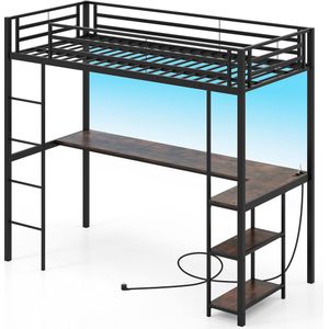 COSTWAY Hoogslaper met bureau, 90 x 200 cm, stapelbed met ledverlichting, laadstation en 2 planken, stapelbed van metaal, kinderbed met veiligheidsleuning en ladder, tienerbed