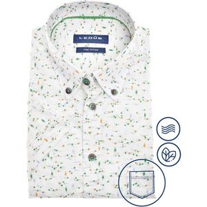 Ledub modern fit overhemd - korte mouw - wit met groen dessin - Strijkvriendelijk - Boordmaat: 39