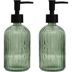 Groen glas zeep dispenser set met zwarte pomp - vulbare vloeibare handwastafel dispenser - geschikt voor moderne huisdecoratie, badkamer, keukenbord, hotel (2 stuks)