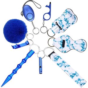 Self Defense Sleutelhangerset voor vrouwen, 8-in-1 zelfverdedigingssleutelhangerset, veiligheidssleutelhanger-accessoires, veiligheidsalarm, veiligheidshamer met gordelsnijder (blauw)