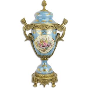 Porseleinen Urn - Blauwe bloemendecoratie - Bronzen afwerking - 65,3 cm hoog