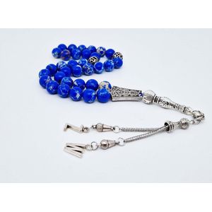 Handgemaakte Letters tesbih ""tasbih"" 33 Kralen Natuursteen “ Lapis Lazuli” - met metaal tassel - Met je Letters of de Letters van uw geliefde- 10 mm diameter van de korrel