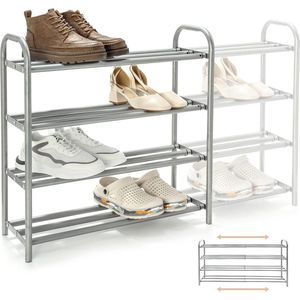 Schoenenrek uittrekbaar met 4 planken, sterk en duurzaam, metalen schoenenstandaard, uitbreidbaar, voor 20 paar schoenen (60-100) x 22,5 x 61,5 cm