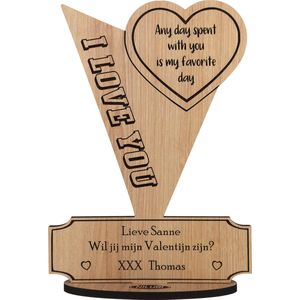 Award Valentijn - 14 februari - Valentijnsdag - houten wenskaart - gepersonaliseerde valentijnskaart van hout - I LOVE YOU - 17.5 x 25 cm