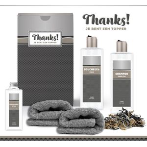 Geschenkset ""Thanks! Je bent een topper"" - 5 Producten - 750 Gram | Giftset voor hem - Luxe cadeaubox man - Douchegel -Shampoo - Scrubzout - Vader - Wellness - Pakket - Cadeau set - Bedankt - Thank You - Broer - Vriend - Collega - Zilver