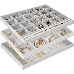 Sieraden Lade Organizer voor Dames Meisjes, Set van 3 Stapelbare Sieraden Organisator Display Opslag Trays Showcase voor Armband Oorbellen Ringen -Grijs