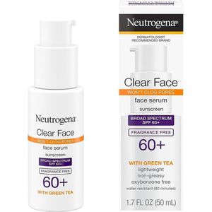 Neutrogena Clear Face Serum zonnebrandcrème met groene thee, breed spectrum SPF 60+, gezichtszonnebrandcrème geurvrij, 50ml