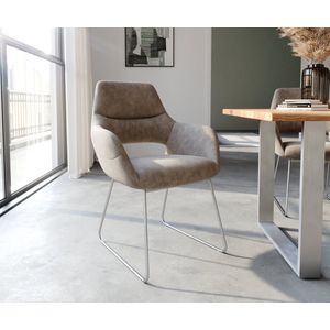 Gestoffeerde-stoel Yago-Flex met armleuning slipframe roestvrij staal microvelours taupe vintage pocketveer kern