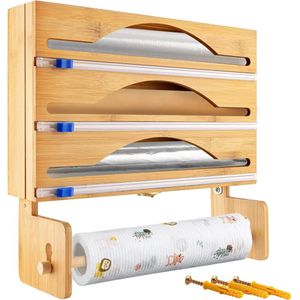 Vershoudfoliedispenser -snijder 4-in-1 organizer met papierhouder wandmontage - bamboe en huishoudfolie voor 12 inch rol