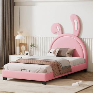 YMA® Gestoffeerd kinderbed 90x200 - Inclusief Lattenboden - Hoofdeinde in Konijnoorvorm - Excl. Matras - Roze