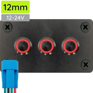 ProRide Metalen Pulsschakelaar 12-24V OFF-(ON) - Drievoudig Inbouwpaneel - 12mm - IP67 - LED indicatie Rood