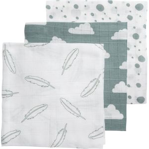 Meyco Baby Clouds/Dots/Feathers hydrofiele doeken - 3-pack - stone green - 70x70cm