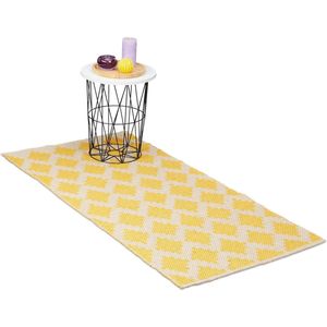 Vloerkleed 70 x 140 cm katoen handgeweven antislip tapijt ruitjes hal keuken beige/geel vloerkleed