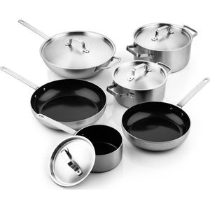 Soenil by ISENVI Totaalset 6 delig - RVS grepen - Hoogglans RVS - Keramisch - 100% PFAS, PTFE en PFOA vrij - 100% duurzaam - Unieke Antiaanbaklaag - Non-stick bodem - Vaatwasbestendig - Geschikt voor alle warmtebronnen inclusief