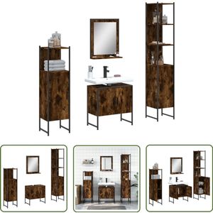 The Living Store 4-delige Badkamermeubelset bewerkt hout gerookt eikenkleurig - Badkamer Kast - Badkamermeubilair - Badkamer Design - Houten Badkamerkast - Roestvrijstalen Badkamerkast