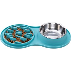 Navaris anti-schrok voerbak en waterbak - Voor honden en katten - Met roestvrijstalen waterbak - Turquoise - Siliconen