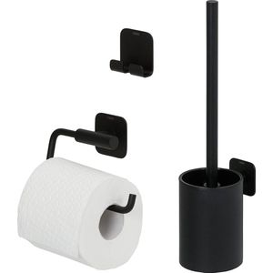 Badkameraccessoireset, 3-delig, bestaande uit toiletpapierhouder voor wandmontage, haken en wc-borstel, montage zonder boren dankzij geïntegreerde kleeffolie, roestvrij staal, zwart