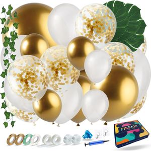 Fissaly 147 Stuks Ballonnenboog Wit, Goud & Groen – Ballonboog Feest Decoratie Versiering – Verjaardag - Helium, Latex & Papieren Confetti Ballonnen Boog